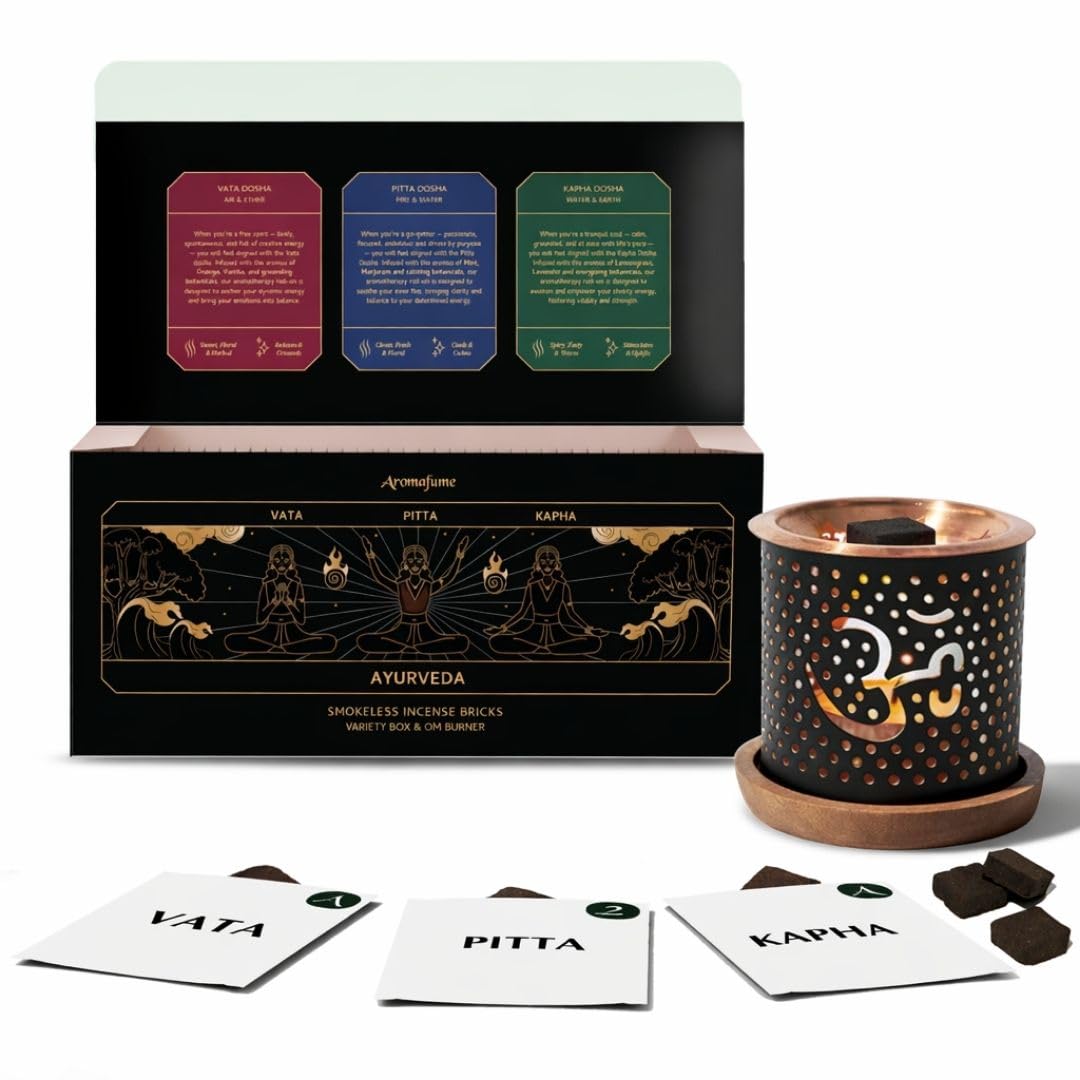 Ayurveda Incense Bricks Gift Set 12 bricks + Om Burner | Vata, Pitta, Kapha Balancing | Aromatherapy Gift Set | Home Fragrance | Use with Incense Burner | Smokeless and Non-Toxic | Aromafume
