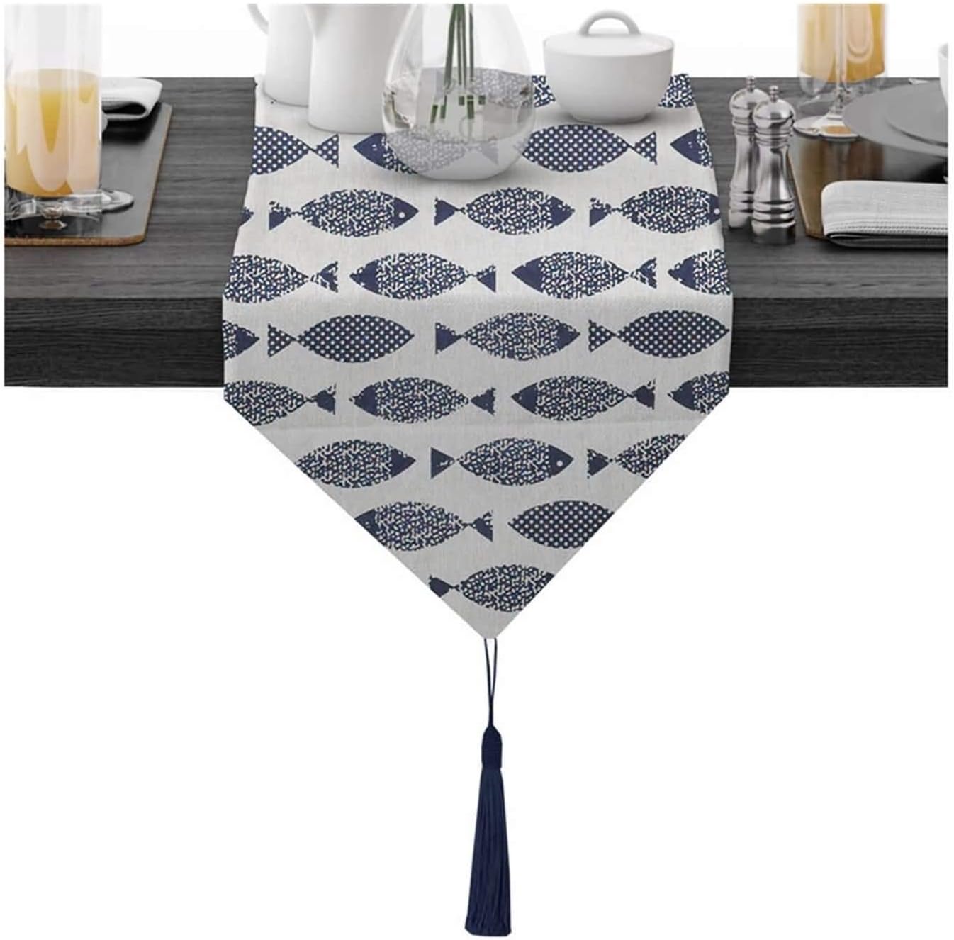 Valentines Day Table Runner,30x320CM,Fish Pattern with Tassel Home Decor Table Runner Cotton,Table Runner Dark Blue White