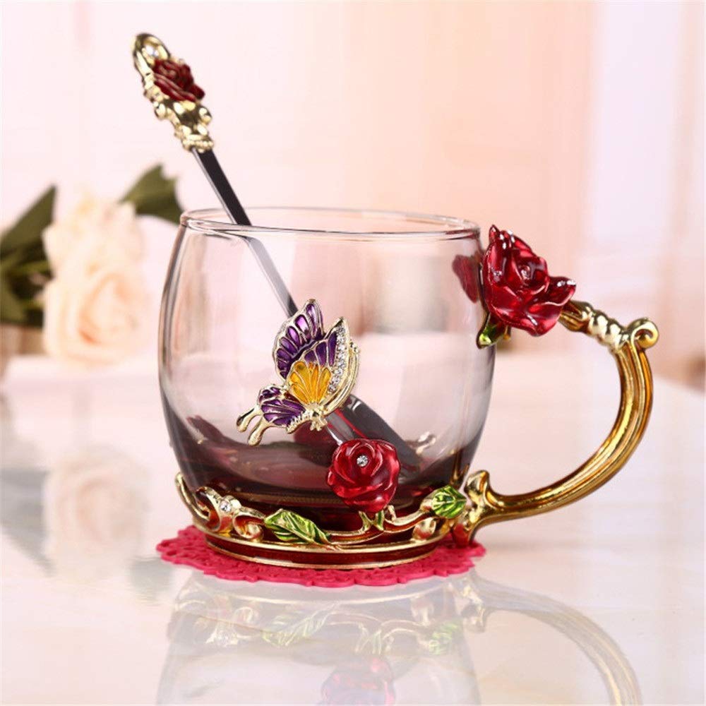 Porcelanowe filiżanki do kawy, piękne szklane filiżanki do kawy, łyżeczki do kawy, prezenty ślubne i kwiaty na rocznicę do domu i restauracji (kolor: czerwony, rozmiar: S) (czerwony duży)