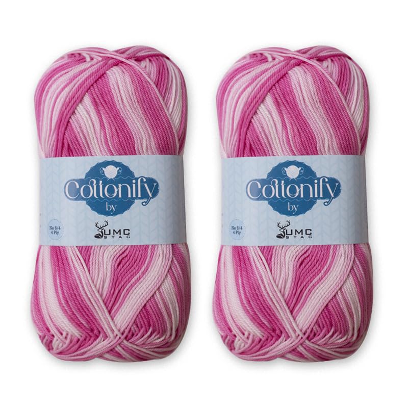 Cottonify Ne 6/4 Pack of 2 100% Combed Cotton Mercerized Crochet and Knitting Yarn, Pink Variegated 1201