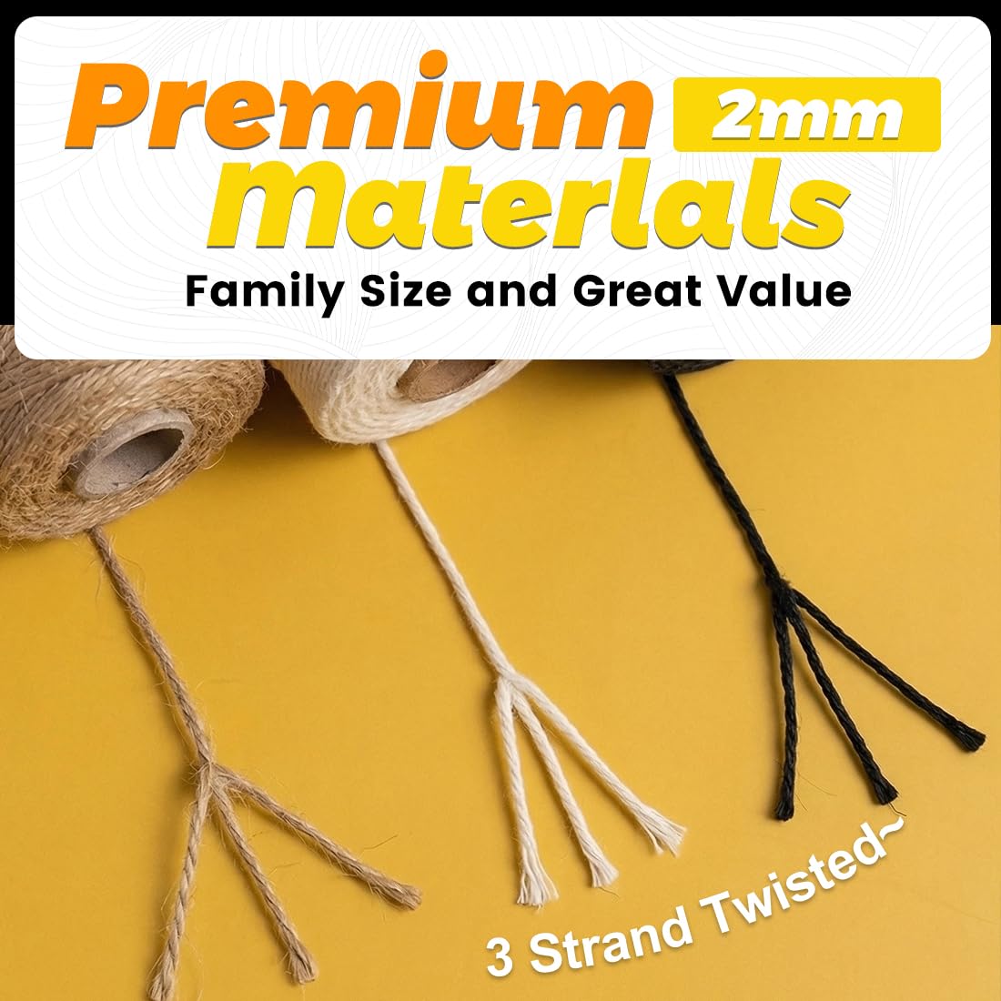 PerkDecor Twine String Natural Jute Twine & Cotton Twine Bundle - Bulk Packing Twine for Crafts, Gift Wrapping String, Gardening Twine, Home Decor (3 Rolls, 984ft, 2mm) - 3