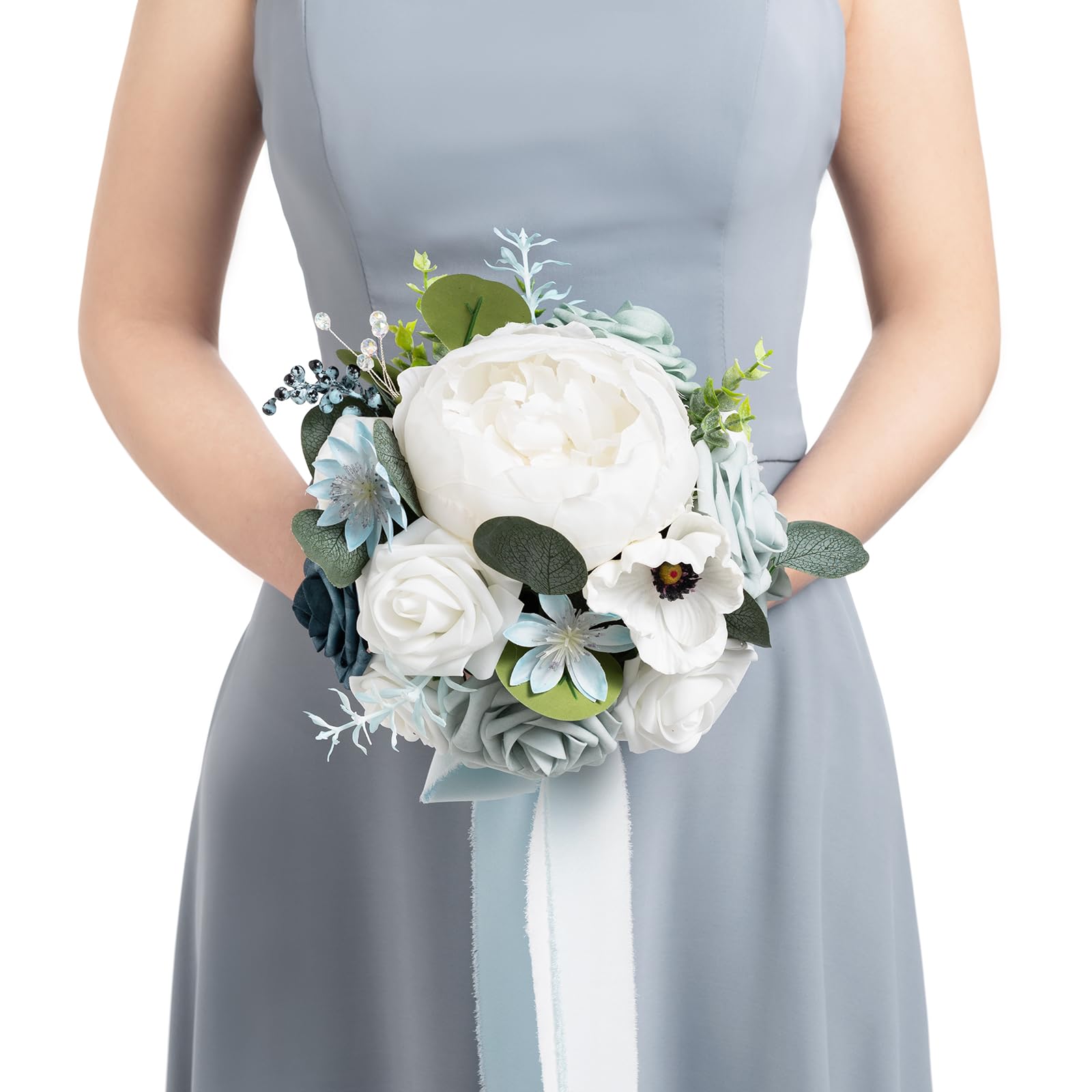 Ling's moment Artificial Flowers Dusty Blue Bridesmaid Bouquet, Blue & White Wedding Flowers Bouquets for Bridesmaids, 7 Inch Bridal Bouquets for Bridesmaids, Wedding, Ceremony, Anniversary, etc — image 1