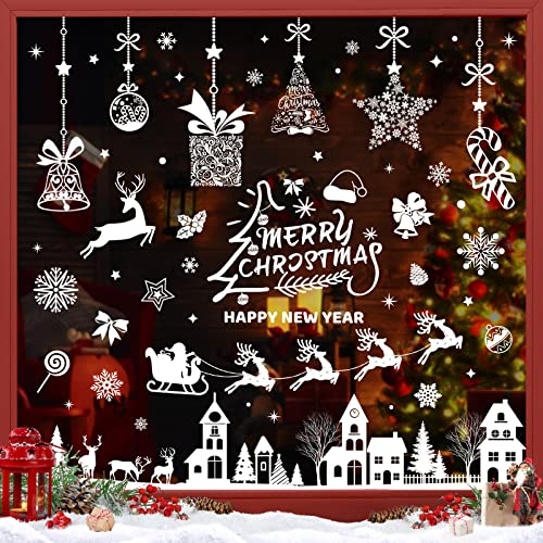 9 Bögen Weihnachts Fensterbilder Weiß | 277 Teile Selbstklebend - Schneeflocken, Häuser, Rentiere