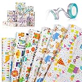 Wodasi Papel Para Envolver Regalos, 6 Hojas Papel de Regalo + 2 Rollo de Cinta, Papel de Regalo con Lindos Animales de Dibujos Animados, “Happy Birthday“ Papel Regalo Cumpleaños(70 x 50cm)