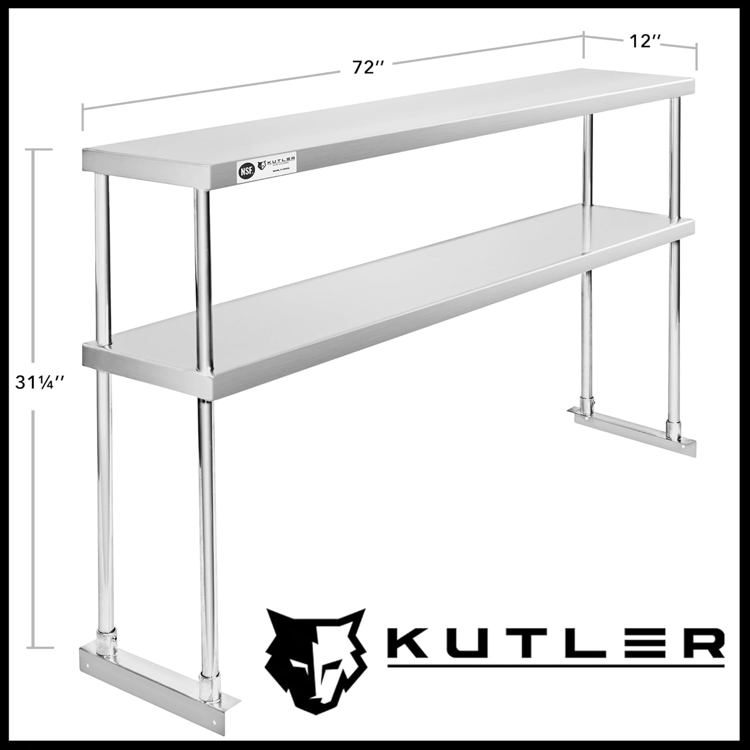 KUTLER Stainless Steel Double Overshelf 72" x 12", NSF Commercial 2-Tier Shelf for Prep and Work Tables for Restaurant, Kitchen, Workshop