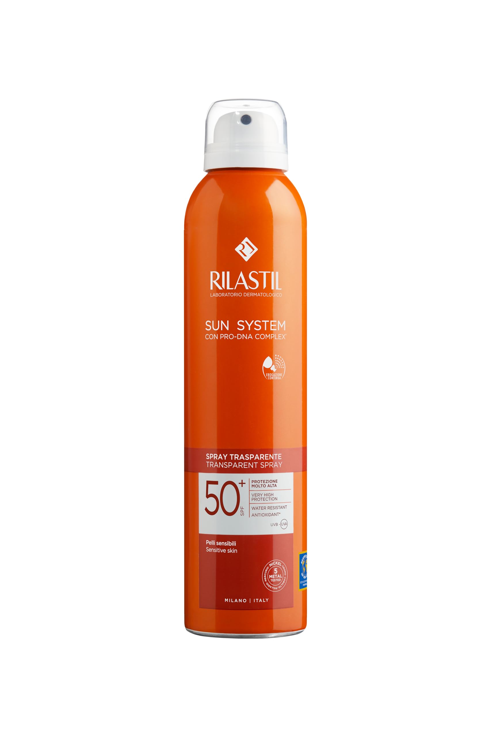 Rilastil Sun System Transparent Spray SPF 50+, Spray Corpo Trasparente, Previene Scottature, Macchie ed Eritemi, Resistente all'Acqua, Tutti i Tipi di Pelle, Azione Antiossidante e Lenitiva, 200ml