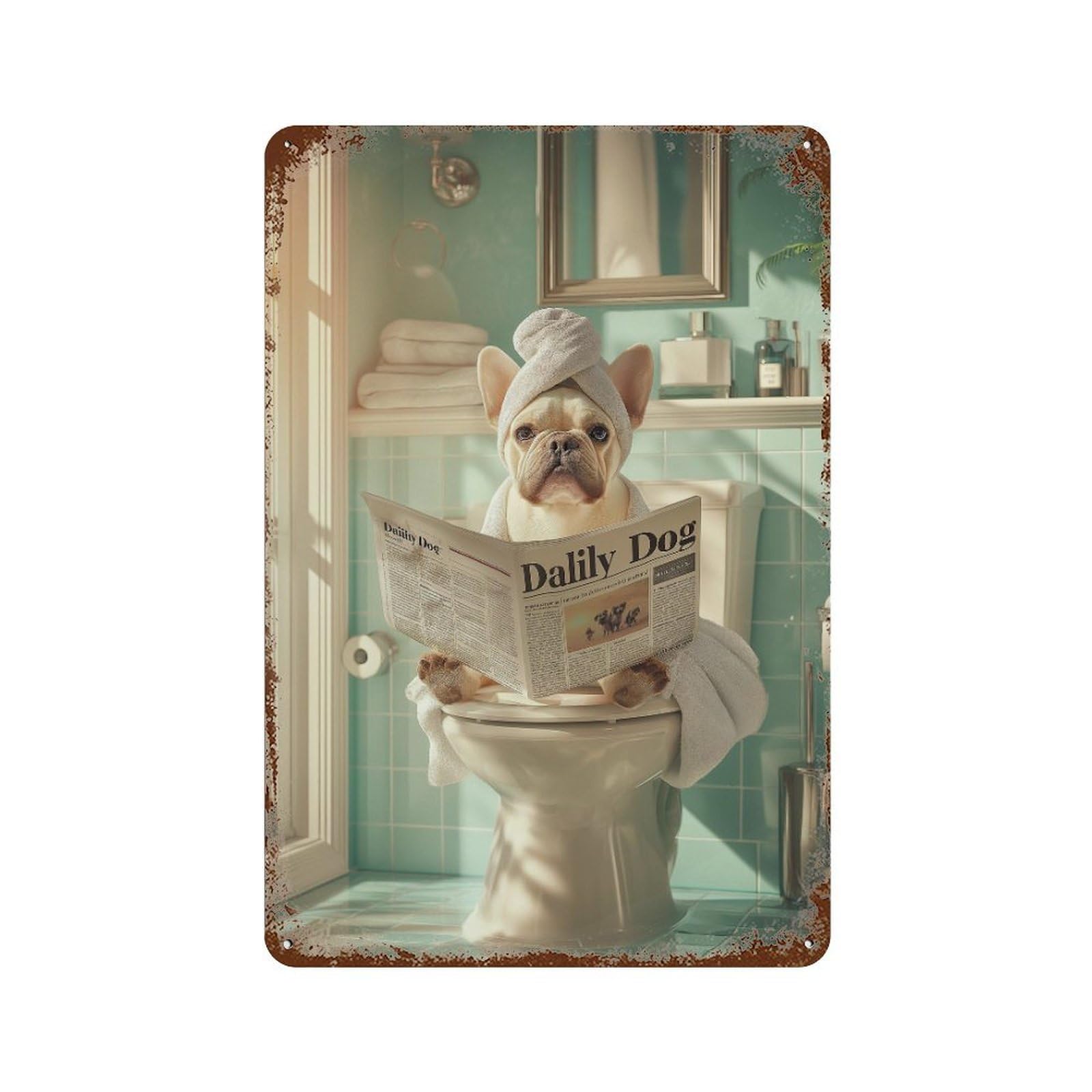 Dog Reading Newspaper on Toilet -3 Aged Metal Wall Plaque 11.8"x7.9", Classic Wall Plaque for Garage, Pub Or Kitchen