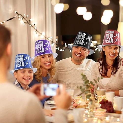 Miniatura 6 de ArtCreativity Happy New Year Top Hats, juego de 4, sombreros de Nochevieja con letras plateadas con purpurina, suministros de fiesta de Año Nuevo,