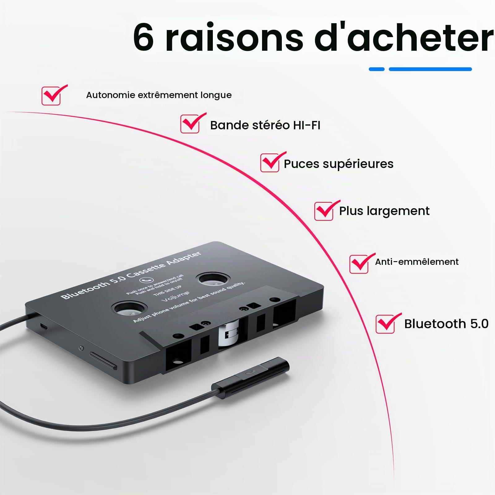 Adaptateur de Lecteur de Cassette Audio de Voiture,Cassette Adaptateur Voiture Adaptateur Bluetooth 5.0, Adapté Aux Téléphones Portables, Lecteurs MP3 et Tablettes
