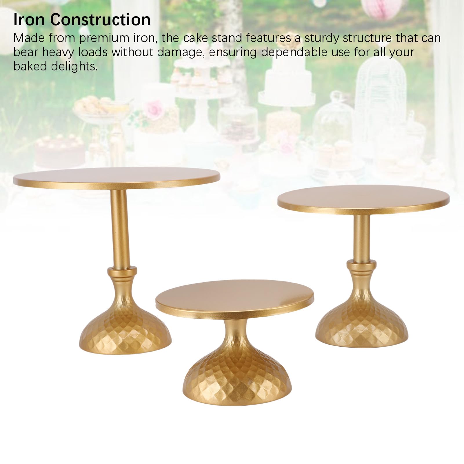 Set di 3 supporti per torta in oro, supporto per torta in ferro con piedino rotondo, set da tavolo da dessert, per feste, matrimoni, compleanni, baby shower, anniversari