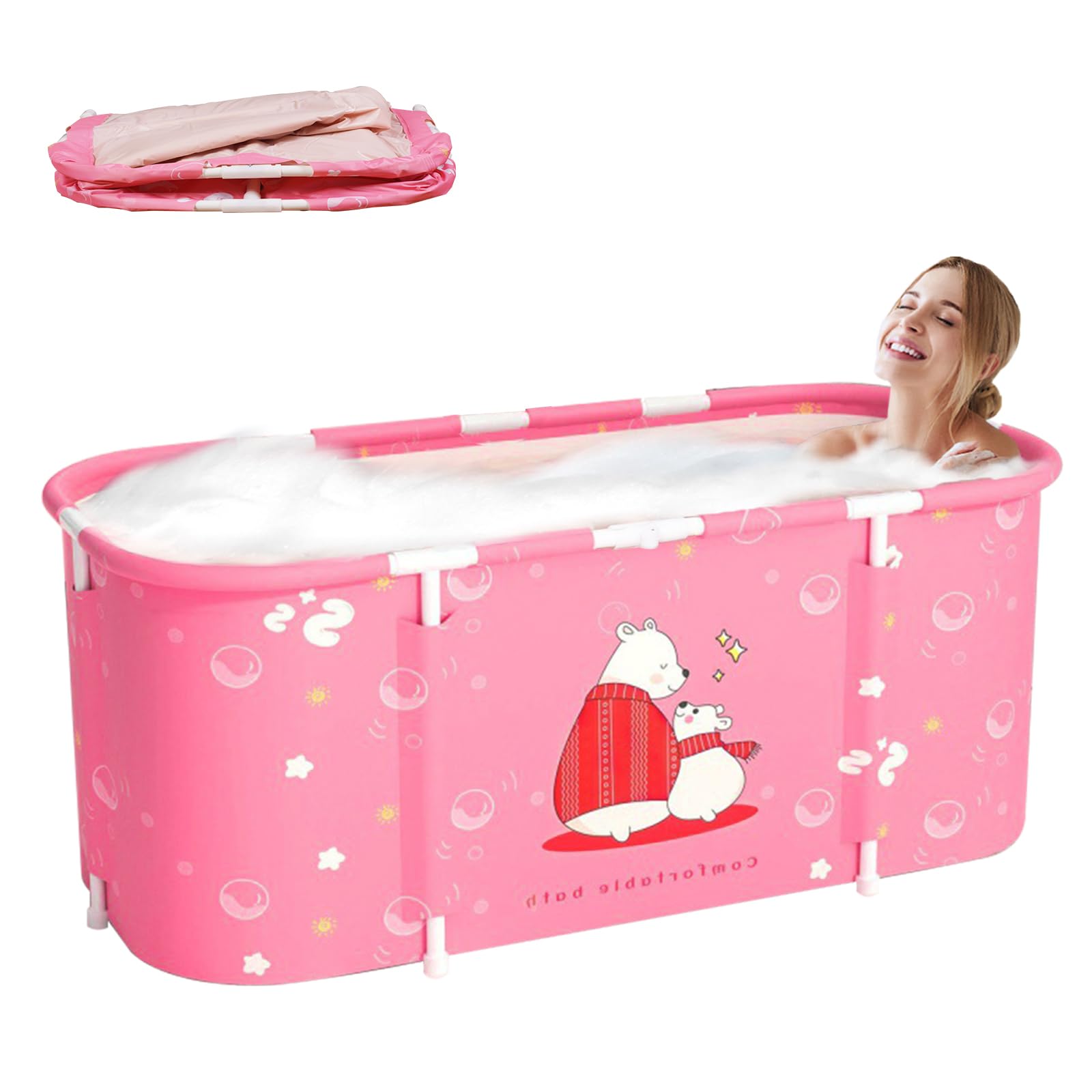 Badewanne Zusammenklappbare Badewanne Ideale Familienbadewanne Gartenpool für Kinder Leicht zu montierender Toilettengurt Geeignet für Erwachsene und Kinder 115x60x50cm (LxBxH) (Rosa Bär)