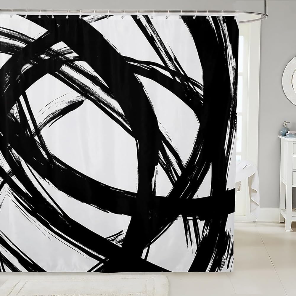 Schwarz-weißer Duschvorhang – Moderner Abstrakter Badezimmervorhang in Schwarz-Weiß, minimalistische Graffiti-Linienkunst 180x200cm/71x79in(WxH)