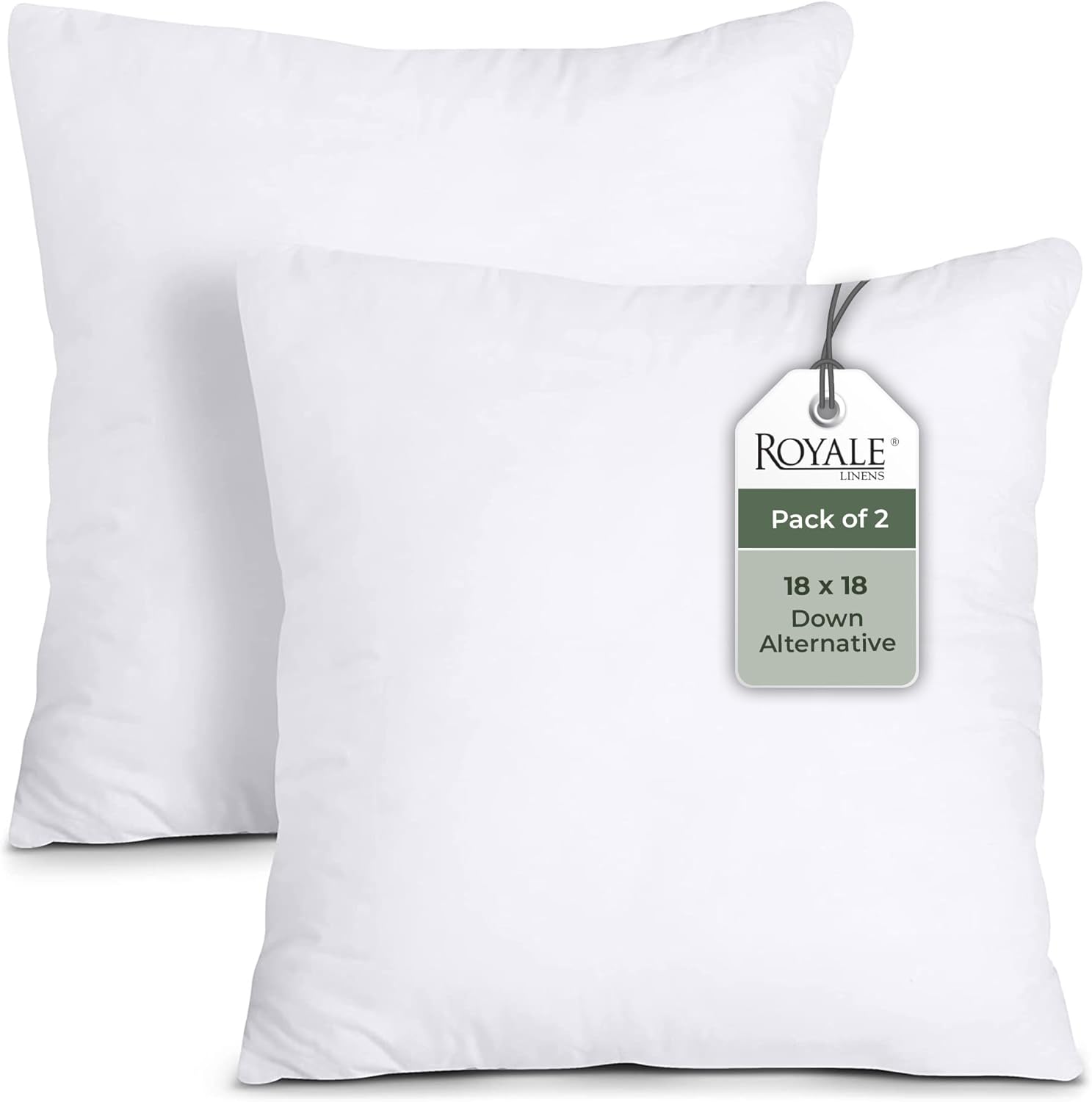 ROYALE LINENS 18 x 18 Pillow Insert - Down Alternative Throw Pillows Insert - Square Pillow Pack of 2 White - Bed & Couch Pillows - Inner Cushion for Bed, Cushion for Living Room - Shams Stuffer