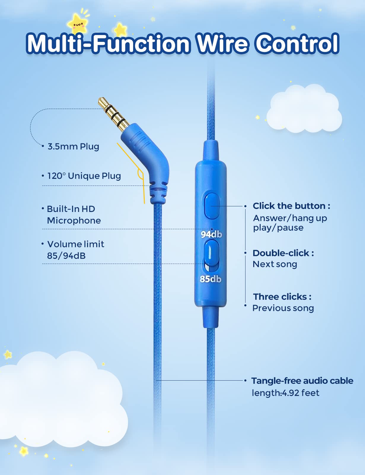 Auriculares para niños con cable, auriculares para niños con micrófono para niños y niñas, volumen limitado de 85 dB/94 dB, auriculares plegables para niños pequeños para escuela, avión, 7