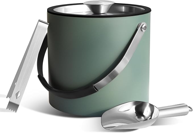 3L Ice Bucket with Silicone Lid, Scoop, Tongs & Strainer, Stainless Steel Double Wall Insulated Ice Buckets for Parties & Cocktail Bar, Outdoor Champagne Ice Container Bin, Dusty Green