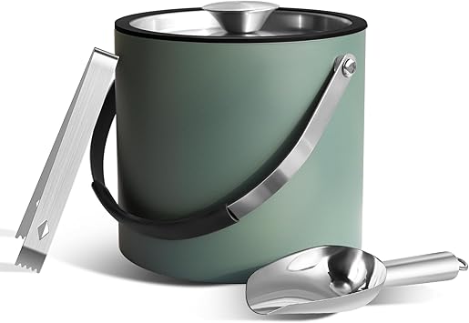 Bakpoco 3L Ice Bucket with Silicone Lid, Scoop, Tongs & Strainer, Stainless Steel Double Wall Insulated Ice Buckets for Parties & Cocktail Bar, Outdoor Champagne Ice Container Bin, Dusty Green