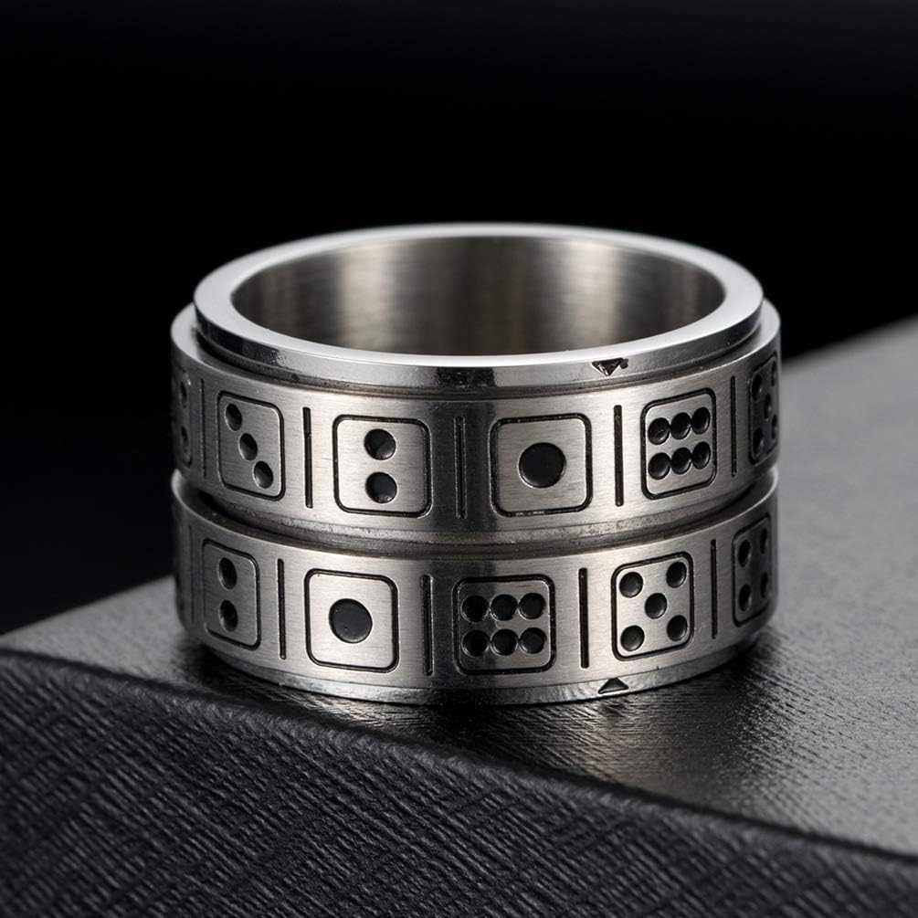 Men's Stainless Steel 14mm Wide Spinner Ring Band Creative Dice Pattern Design Double Layers