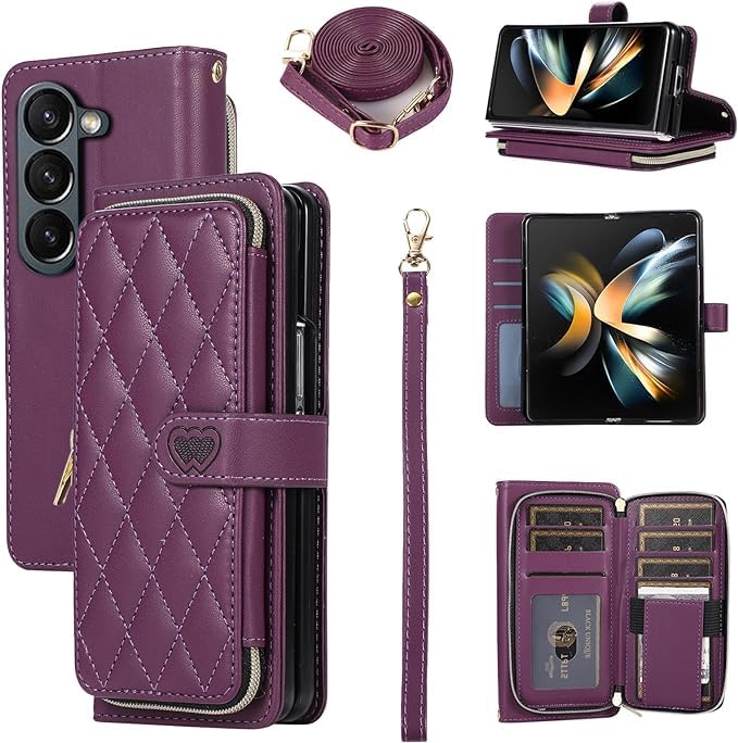 YYTVN Wallet Case for Samsung Galaxy Z Fold 5 with Zipper Card Holder & Shoulder Strap & Wrist Strap, Crossbody Purse Handbag Stylish Protective Cover for Galaxy Z Fold 5 -Dark purple