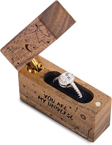 Miniatura 7 de Caja de anillo de compromiso de madera, pequeña funda plana delgada para propuesta, boda (You are my universe)