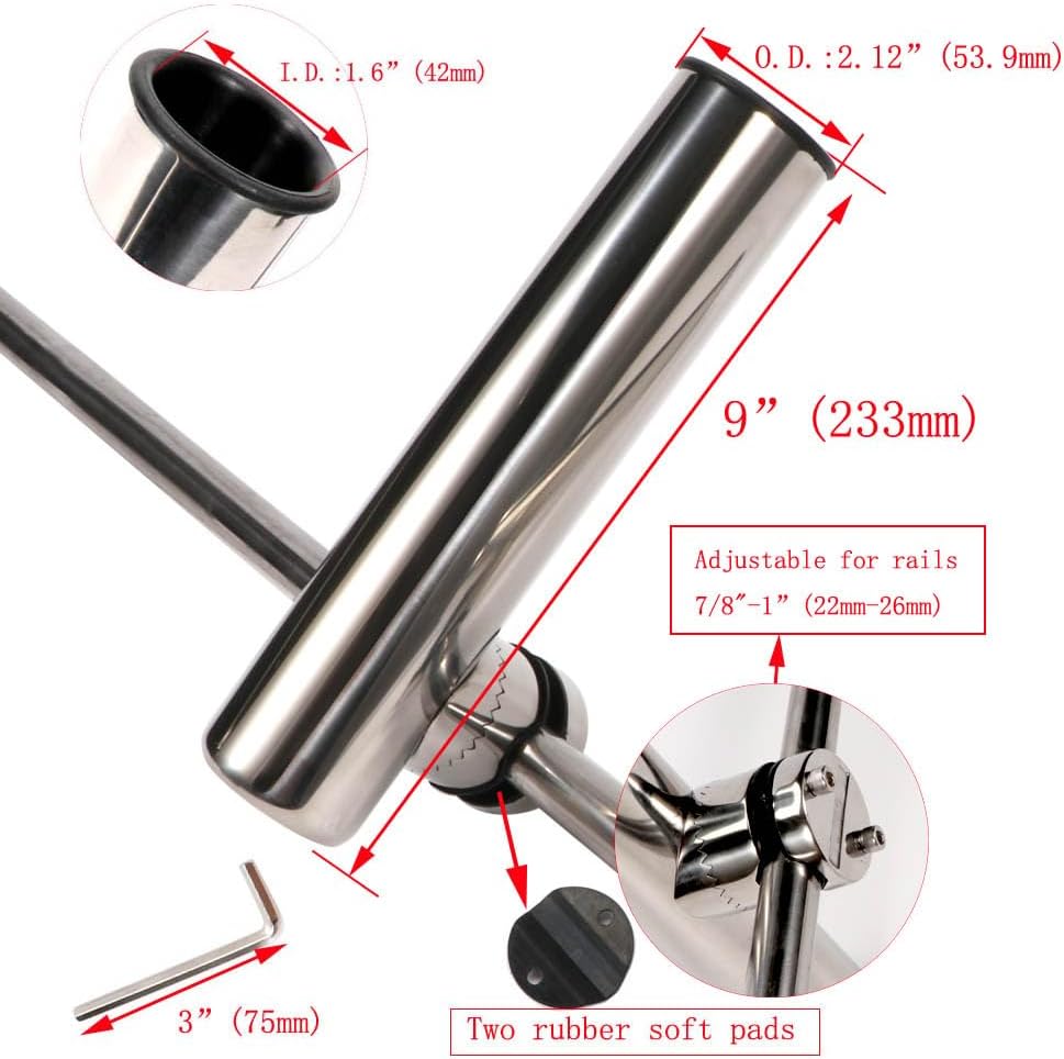 2PCS Fishing Rod Holder Clamp-On Mounting Stainless Steel for Rails 7/8" to 1"
