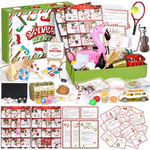MOVINPE Elf Activities Kit 24 Days Christmas Elf Accessories Props Set with Instructions Photos Letter Card Certificates & Warning Notes Elf Ideas for Magic Christmas Countdown