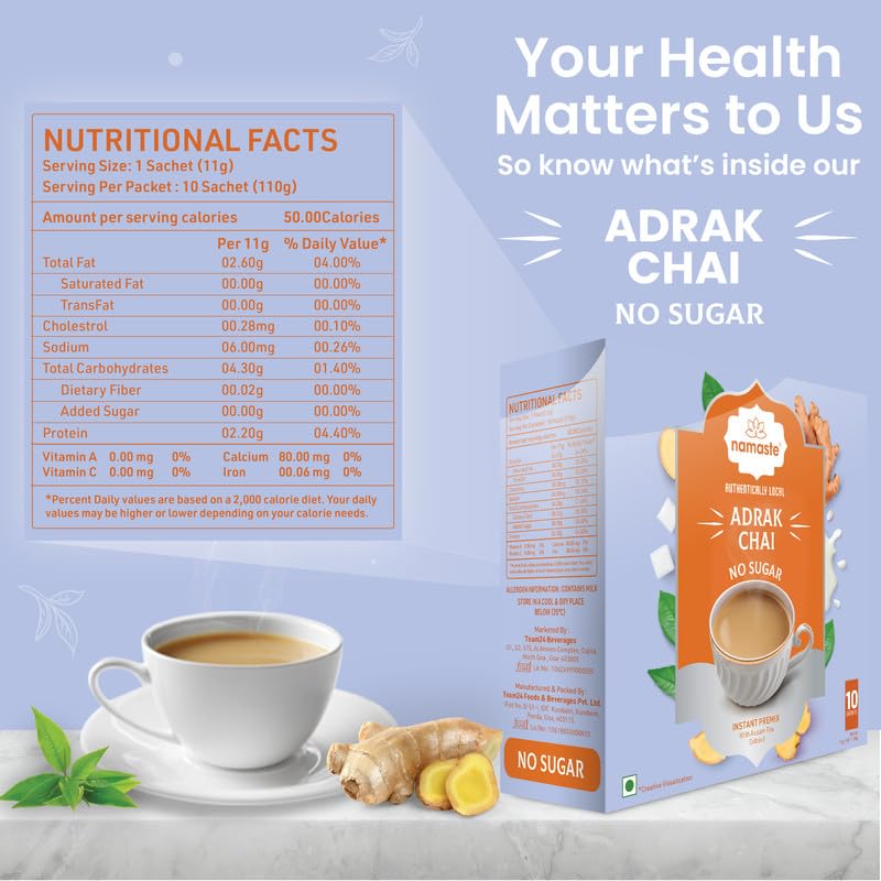 Image of Namaste Chai Ginger Tea Premix Without Sugar | Adrak Chai Instant Tea Premix | No Sugar Instant Tea Premix Sachets | Instant Adrak Chai Powder | Ginger Tea Ready Mix | 11g x 10 Sachets | Pack of 3