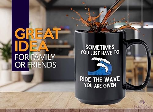 Taza de café de surf de 15 onzas, color negro, paseo la ola, regalos para entusiastas del surf, deportes acuáticos, tabla de surf, atletismo,