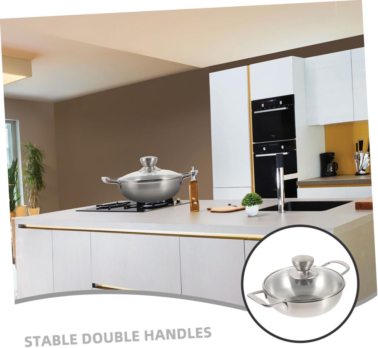 Cooking Wok Portable Outdoor Pot Heat-Resistant Double Handles Easy to Clean Stainless Steel Kitchen Food Wok Home Accessory