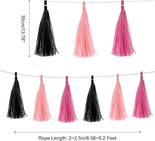 Miniatura 2 de MECCANIXITY Guirnalda de borlas de color negro, rosa claro, rojo rosa, con cuerda, papel de seda, borlas, kits de bricolaje para aniversario, boda,