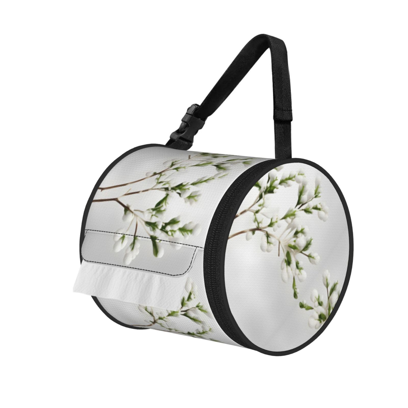 Jiuty Black White Natural Green Branch Print Cylinder Tissue Organizer Bag With Strap, Portable Toilet Roll Holder For Camping Car