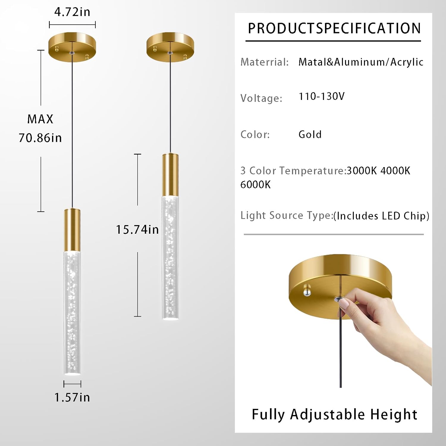 Modern Gold Pendant Light Fixture 3-Color for Kitchen Island, 1-Light LED Pendant Lighting Cord Adjustable Acrylic Ceiling Hanging Lights for Living Room Bedroom Dining Room (1 Pack)