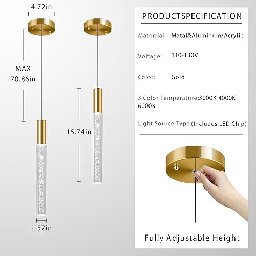 Miniatura 4 de Moderna lámpara colgante dorada de 3 colores para isla de cocina, cable de iluminación colgante LED de 1 luz ajustable, luces colgantes de techo