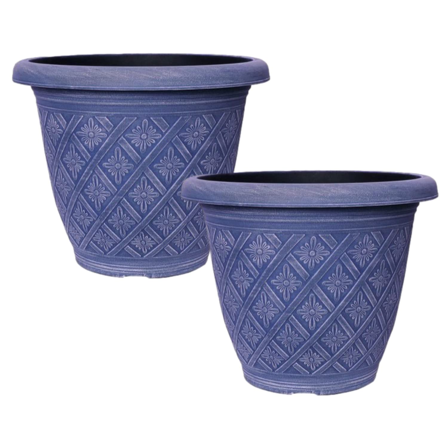 Fyne-Finds Set of 2 Round 33cm Garden Plant Pot Woven Flower Outdoor Deco Planter Frost Proof, Weatherproof, Drainage Hole (Blue)
