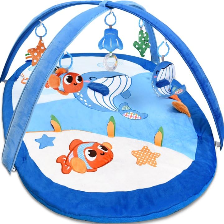 Image of TFDER Baby Gym Play Mat, 6-in-1 Tummy Time Mat & Activity Gym, Baby Essentials with 6 Detachable Toys for Sensory Exploration and Motor Skill Development, Newborn to Toddlers（Blue）