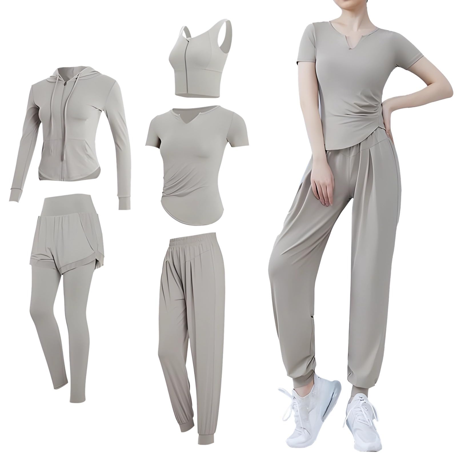 Conjunto de ropa deportiva para mujer, conjunto de 5 piezas, ropa de yoga, conjuntos de entrenamiento de manga larga para mujer, diseño negro, tela transpirable cómoda, XXL para 135-150 libras de