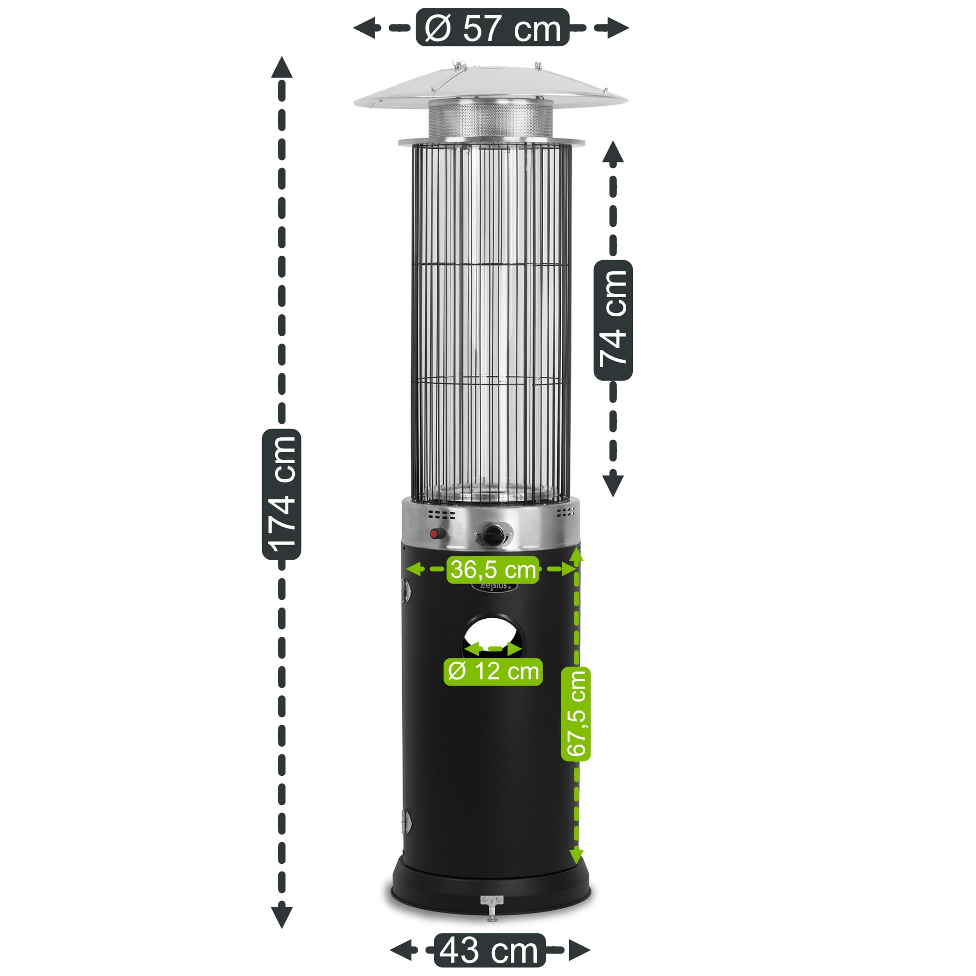 Zelsius Heizstrahler mit Glasröhre Davos 15 kW Schwarz | Ø 57 x (H) 174 cm | Spiralflammen-Heizstrahler, Terrassenheizstrahler, Heizpilz, Feuersäule Outdoor, Gasheizstrahler, Terrassenstrahler Gas
