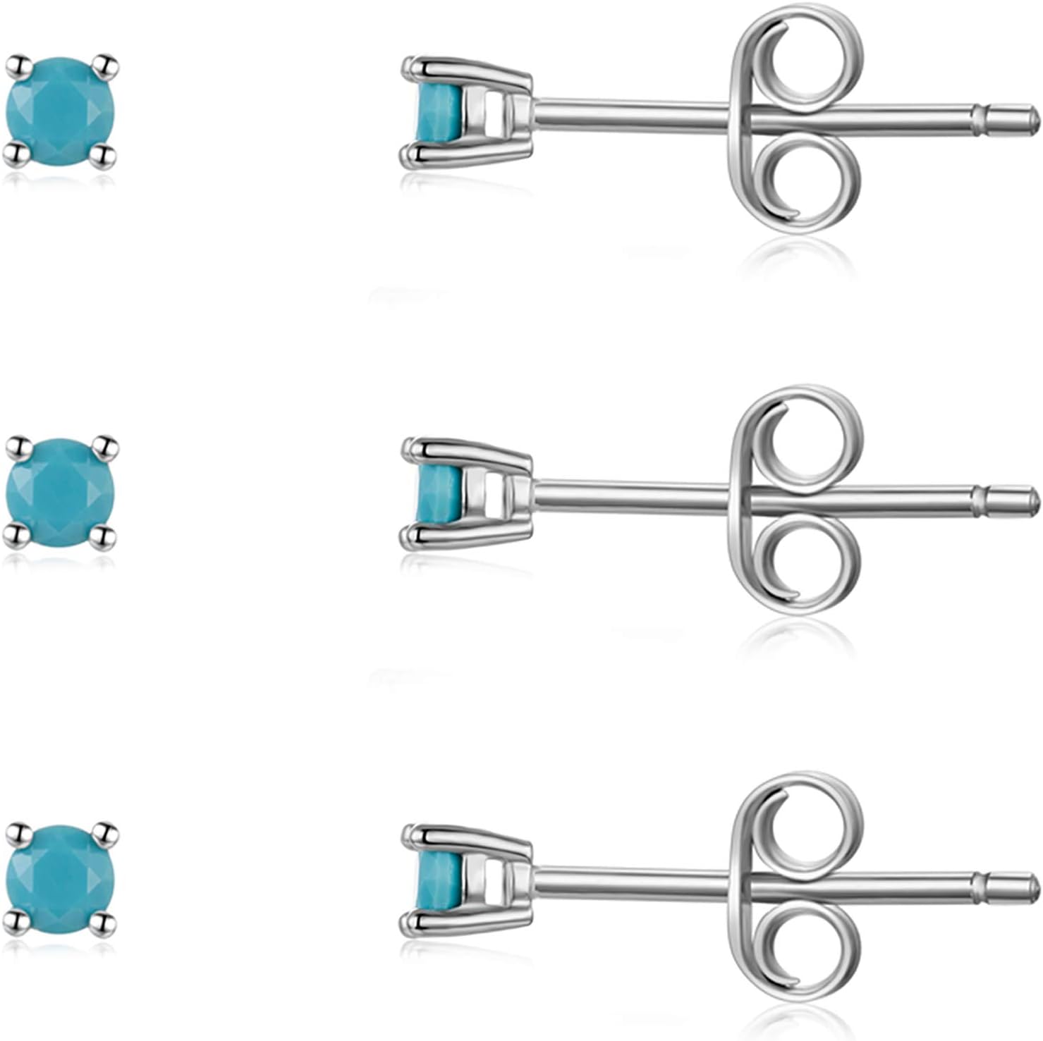 Sterling Silver Stud Earrings for Men Women- Hypoallergenic Tiny Turquoise Stud Earring Set 2mm 3mm 4mm White Gold Plated Round Prong-Set Birthstone Small Earrings