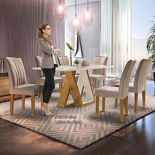 Conjunto Mesa Laguna Tampo Slim Vidro Plus 6 Cadeiras Laguna Cel Móveis Ypê/off White/suede Pena