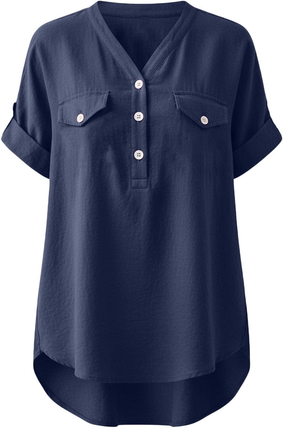 Womens V Neck Short Sleeve Blouses Cotton Linen Button Up Henley Shirts Loose Casual Comfy Work Tops（No Pocket）