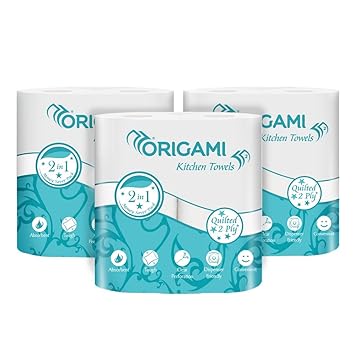 Origami 2 Ply Kitchen Tissue Paper Roll - Pack of 6 (60 Pulls Per Roll, 360 Sheets)