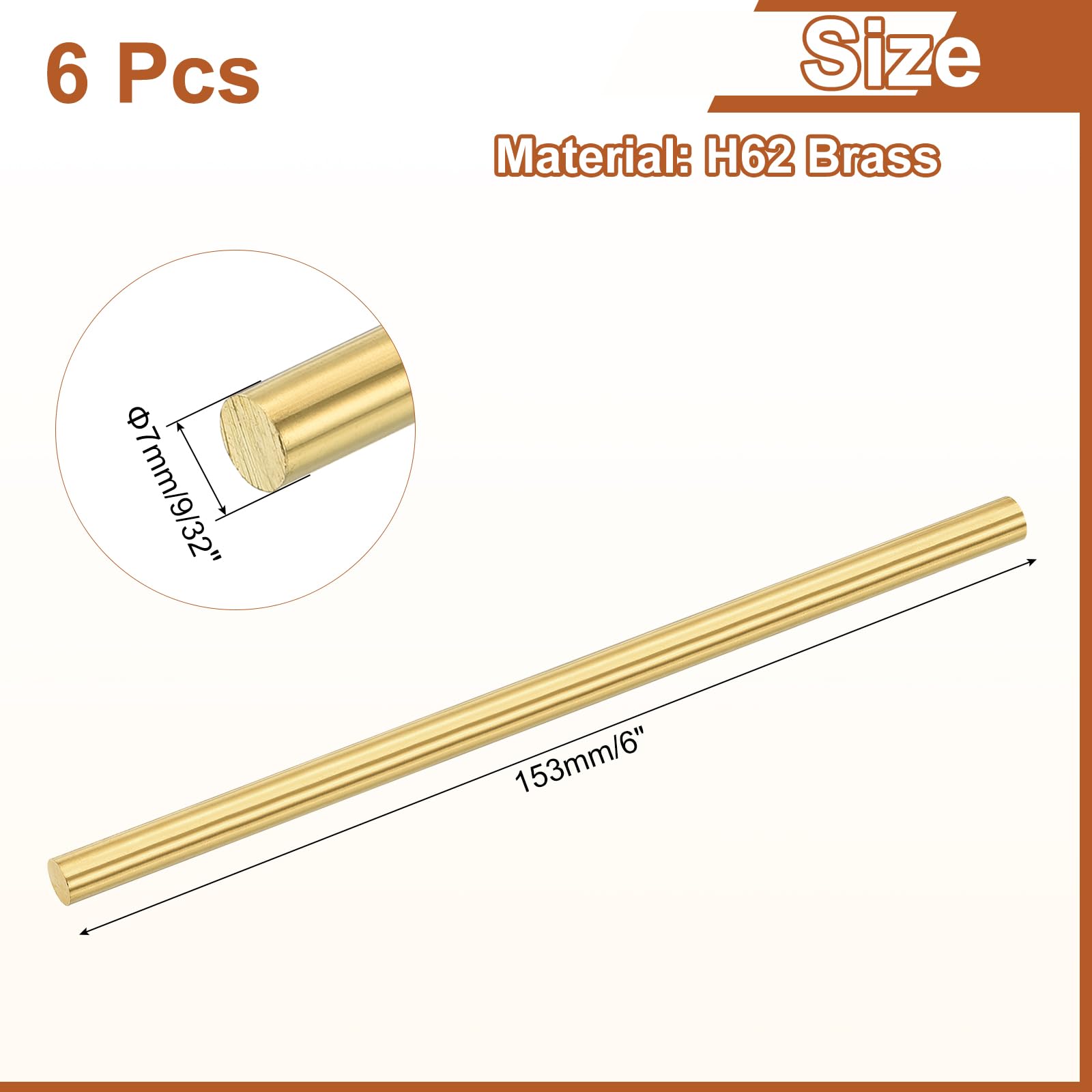 QUARKZMAN 6 Pcs Tige Ronde Pleine En Laiton De 9/32"(7mm) De Diamètre, Longueur De 6"(153mm) Barre Ronde En Laiton H62 Pour Bricolage Artisanat Industrie Construction