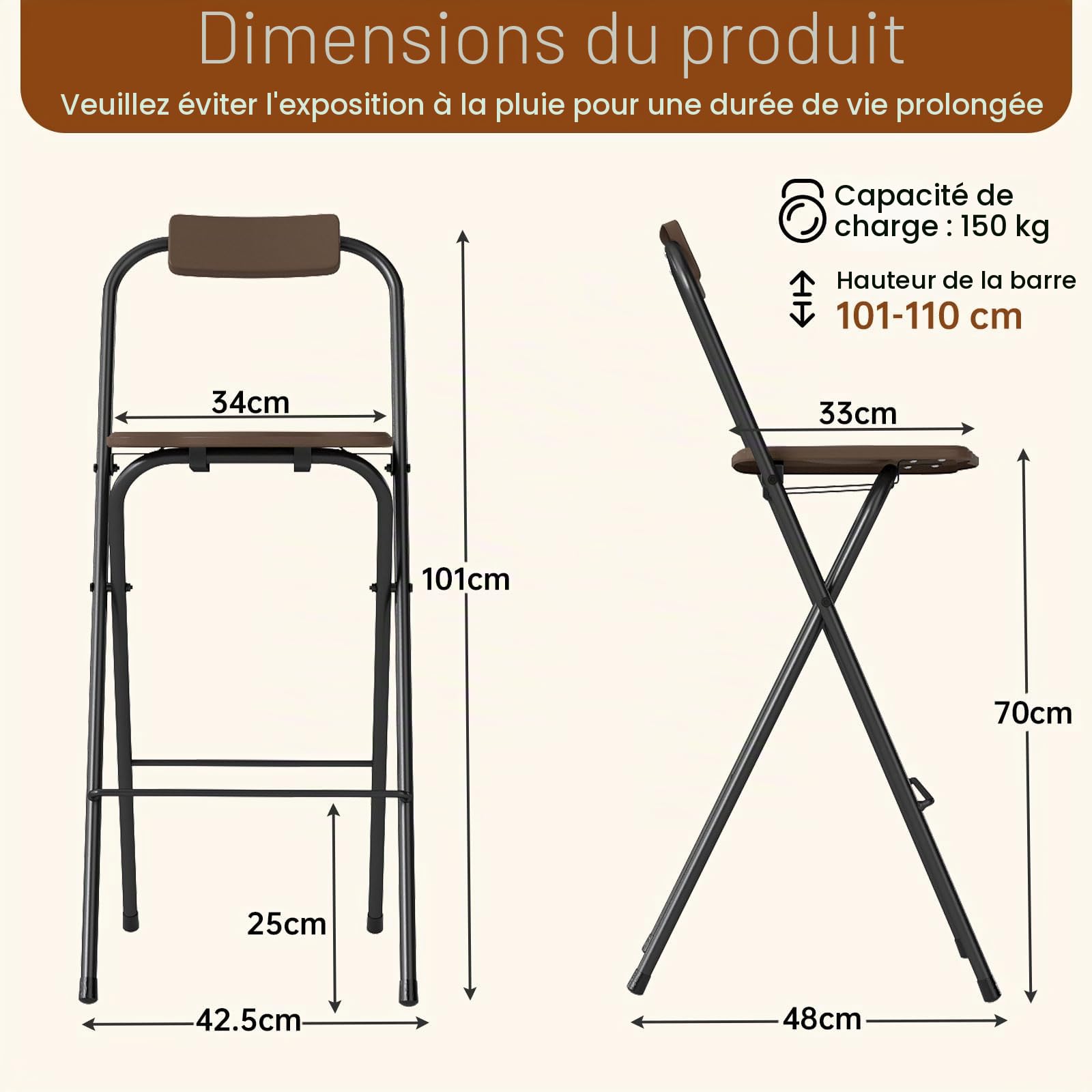 GIANTEX Lot de 2 Tabouret Pliant, Tabouret de Bar avec Dossier Inclinable, Assise Incurvée Repose-Pieds, Structure en Métal, Charge 150 kg, Chaise de Bar pour Salon, Balcon, Terrasse, Jardin, Marron