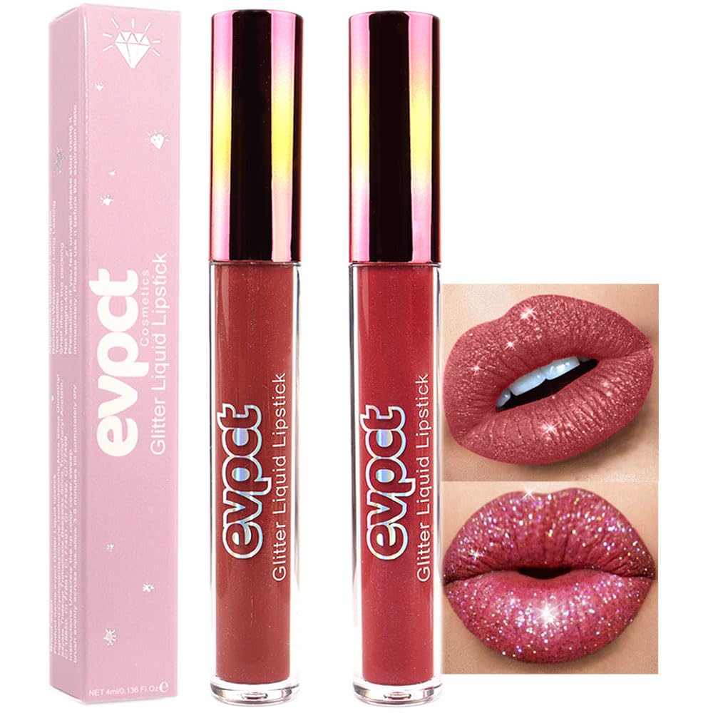 evpct e 2Pcs Mauve Red & Wine Red Matte to Glitter Liquid Lipstick Set Kit for Women Long Lasting Glossy Metallic Shimmer Sparkle Lipstick Lip Gloss 2+6