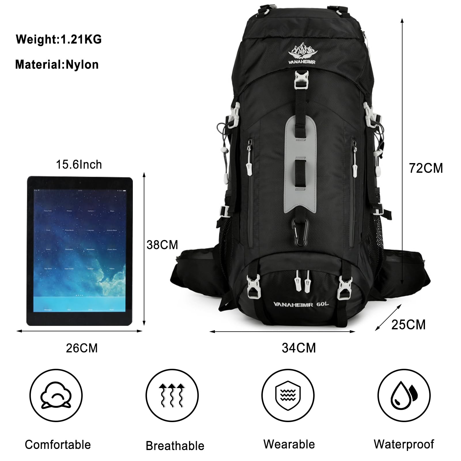 Zaino da Trekking 60L Zaino Impermeabile Zaini con Copertura per la Pioggia Hiking Backpack per Donna Uomo Escursionismo Campeggio Arrampicata Viaggio Nero