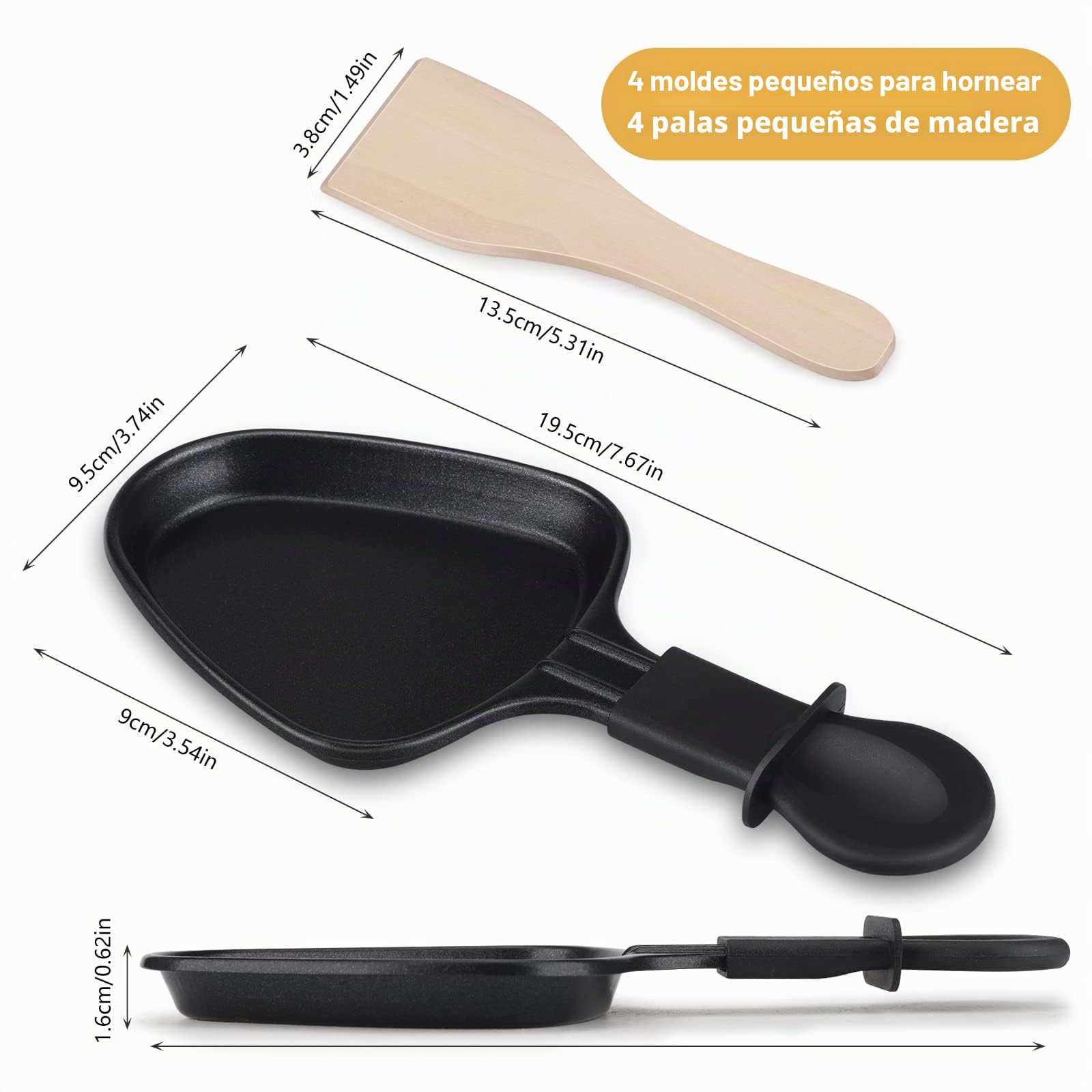 Sartenes Raclette 4 Piezas, Antiadherentes con Paletas de Madera | Mini sartenes Raclette con revestimiento antiadherente, para queso fundido, huevos, verduras y cenas familiares