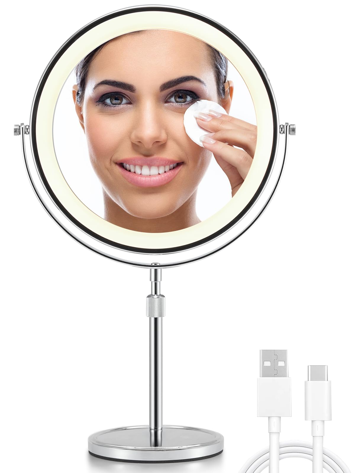 OMIRO 1X/10X Vergrößerungs Make-up Spiegel mit Lichtern, 21 cm Doppelseitiger Schwenkbarer Kosmetikspiegel mit Höhenverstellbarem Ständer (Silber)