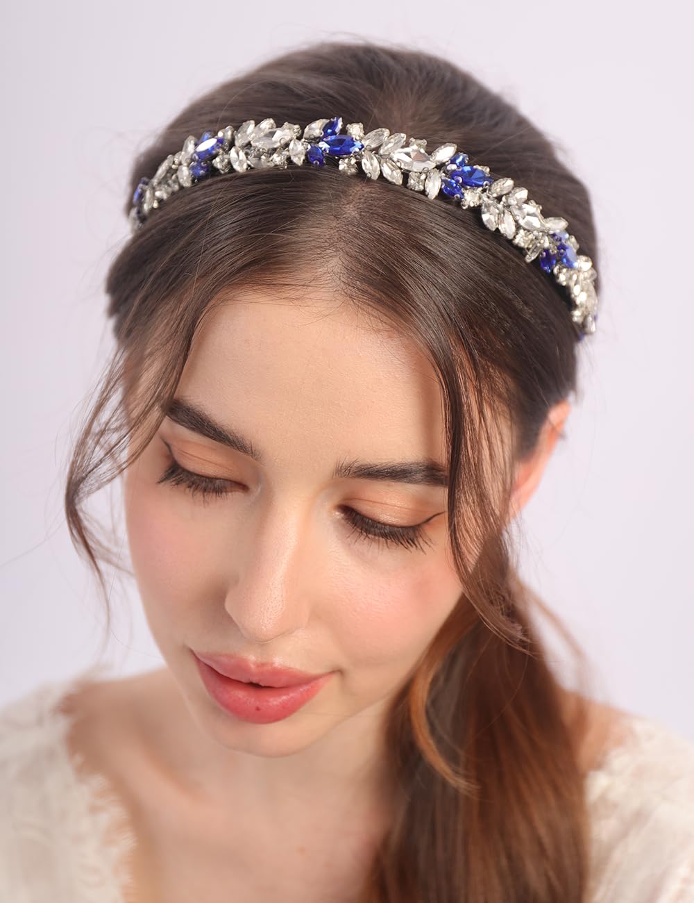 BERYUAN Blue and Silver Rhinestone Headband Crystal Rhinestone Hairband Silver Wedding Hair Accessories Teardrop Rhinestone Wedding Headband for Women