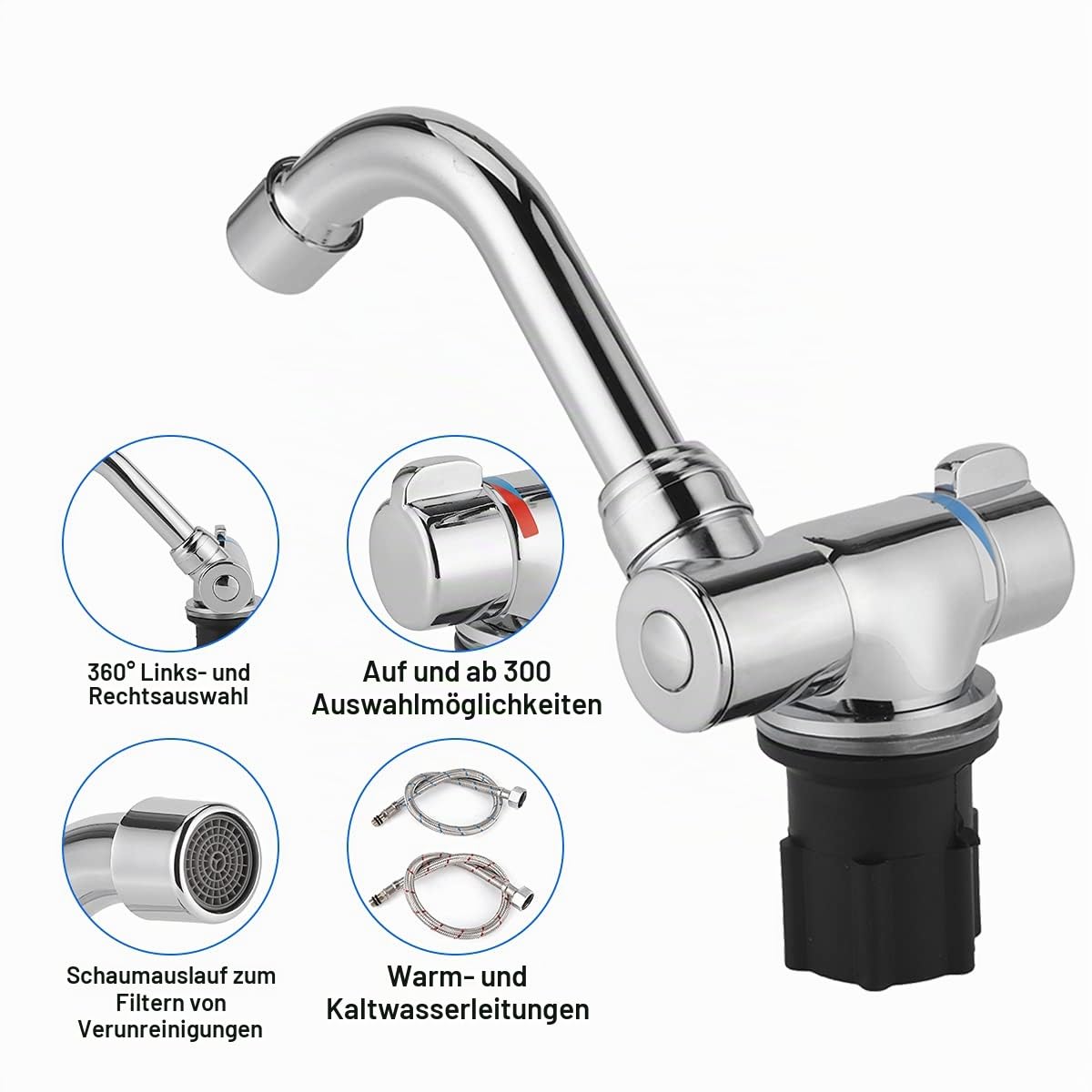 Wohnwagen Wasserhahn, G1 / 2in Gewinde Wasserhahn, 360 Rotation Einstellbare Heiß Kaltwasser Mixer Armatur, Falten 32-33 mm/1,26-1,3 Zoll Öffnungsgröße Montage Gewinde Küchenarmatur für Wohnmobil