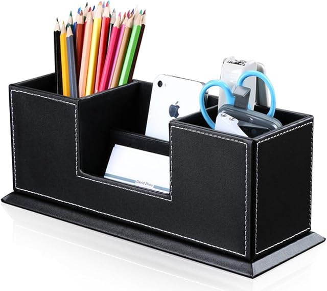 KINGFOM Desktop Organizer Tidy Multifunctional Desk Stationery Storage Double Pen Pencil Holder Office Desk Supplies Organiser Black