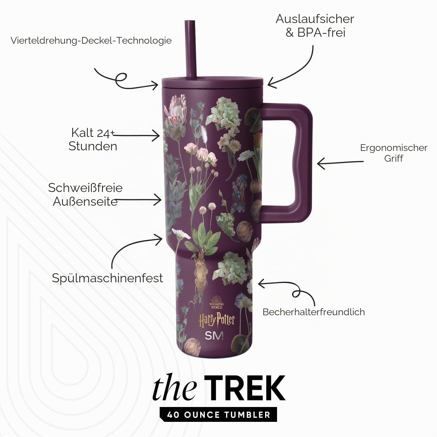 Simple Modern Becher mit Henkel und Strohhalmdeckel | Isolierte, wiederverwendbare Edelstahl-Trinkflasche, Reisebecher | Trek Kollektion | 1180 ml | Herbology
